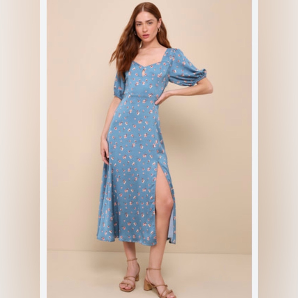 Lulu's Blue Floral Midi Dress with Slit